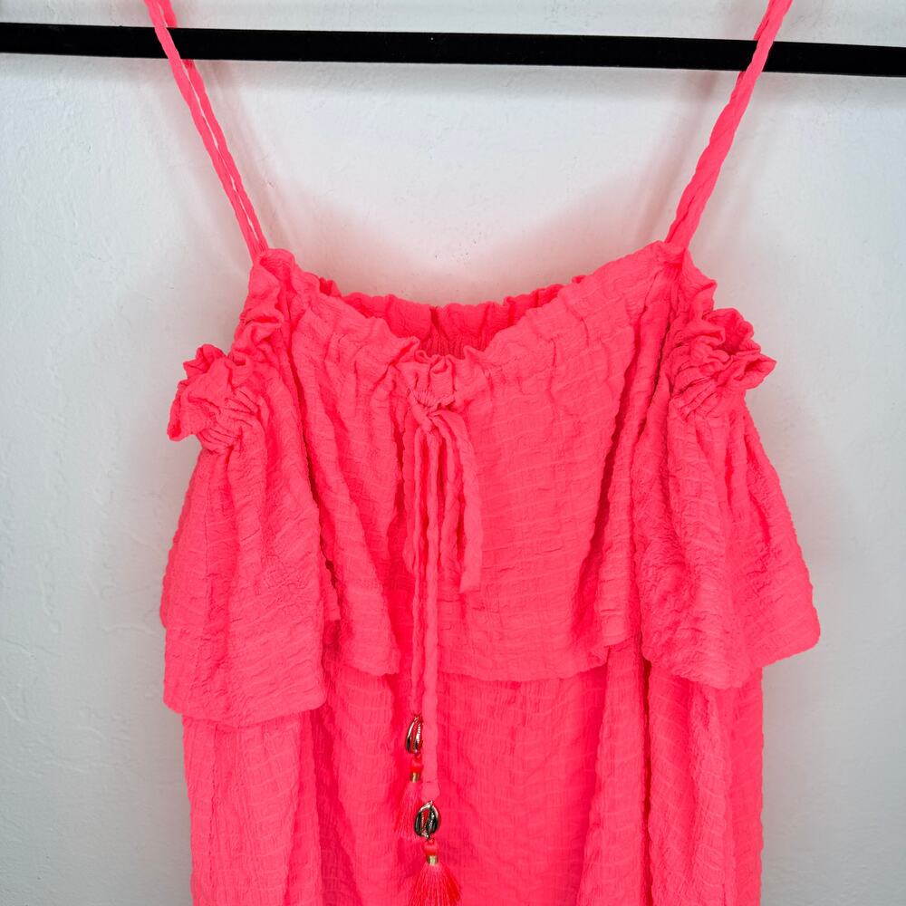 Lilly Pulitzer Mays Neon Coral Ruffle Tank Puka Shell Tassel Vacation Top XS - Picture 4 of 13